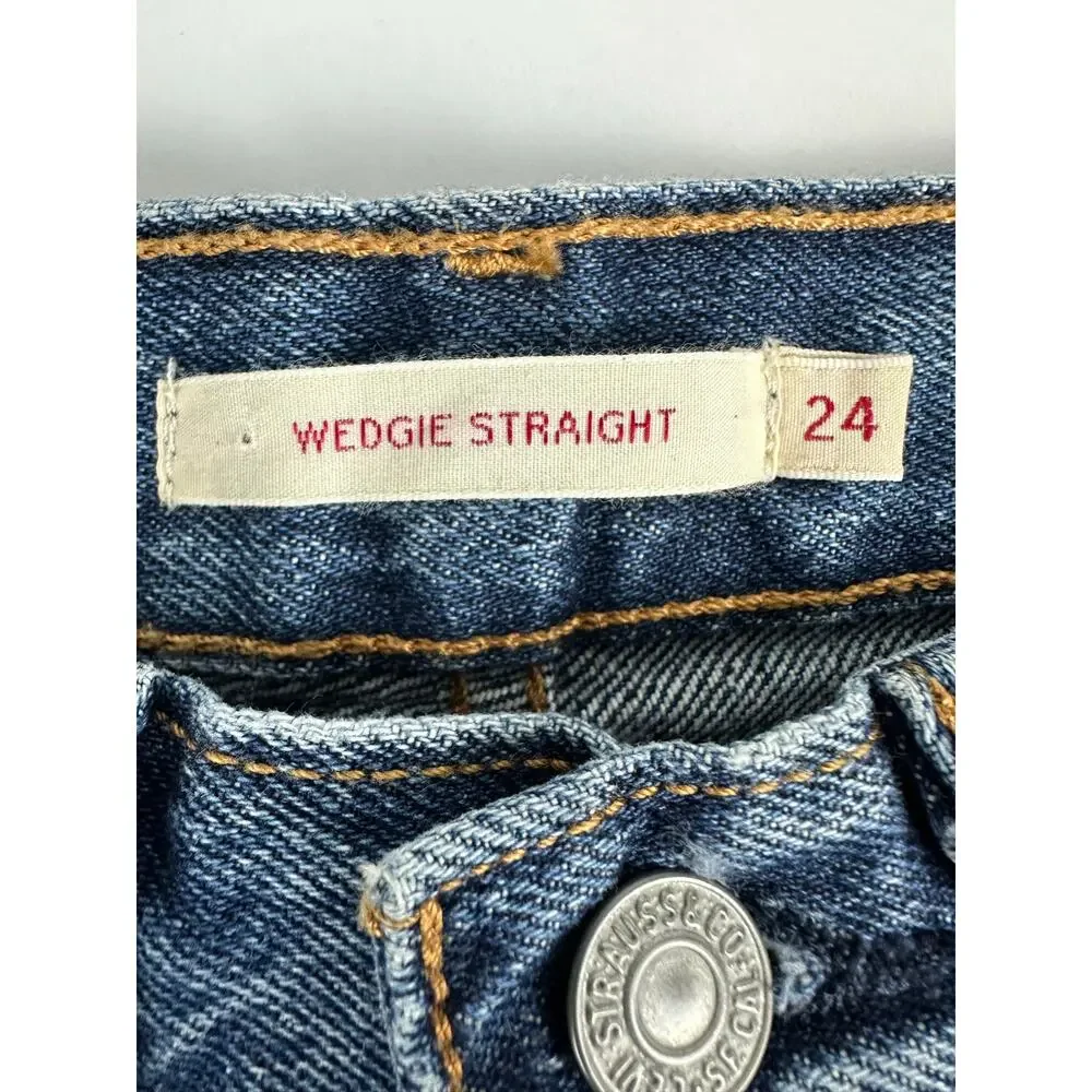 Levi's Wedgie Straight Ankle Jeans 24x28 Distressed Medium Indigo Raw Hem High - Picture 5 of 13